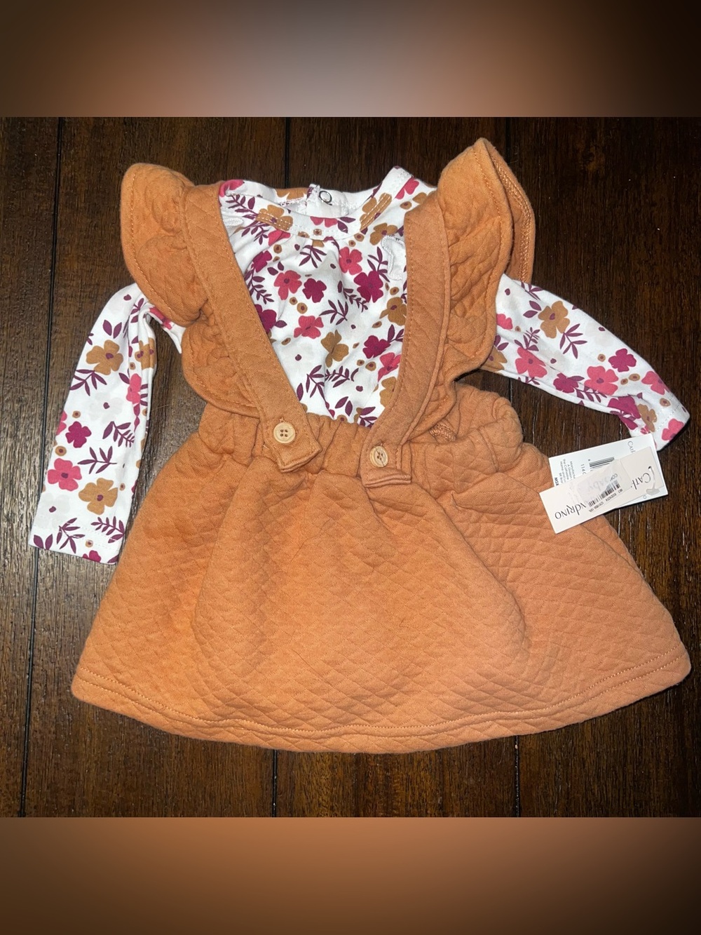 Baby Girls Quilted Rust Tan Pinafore Dress with Floral Top